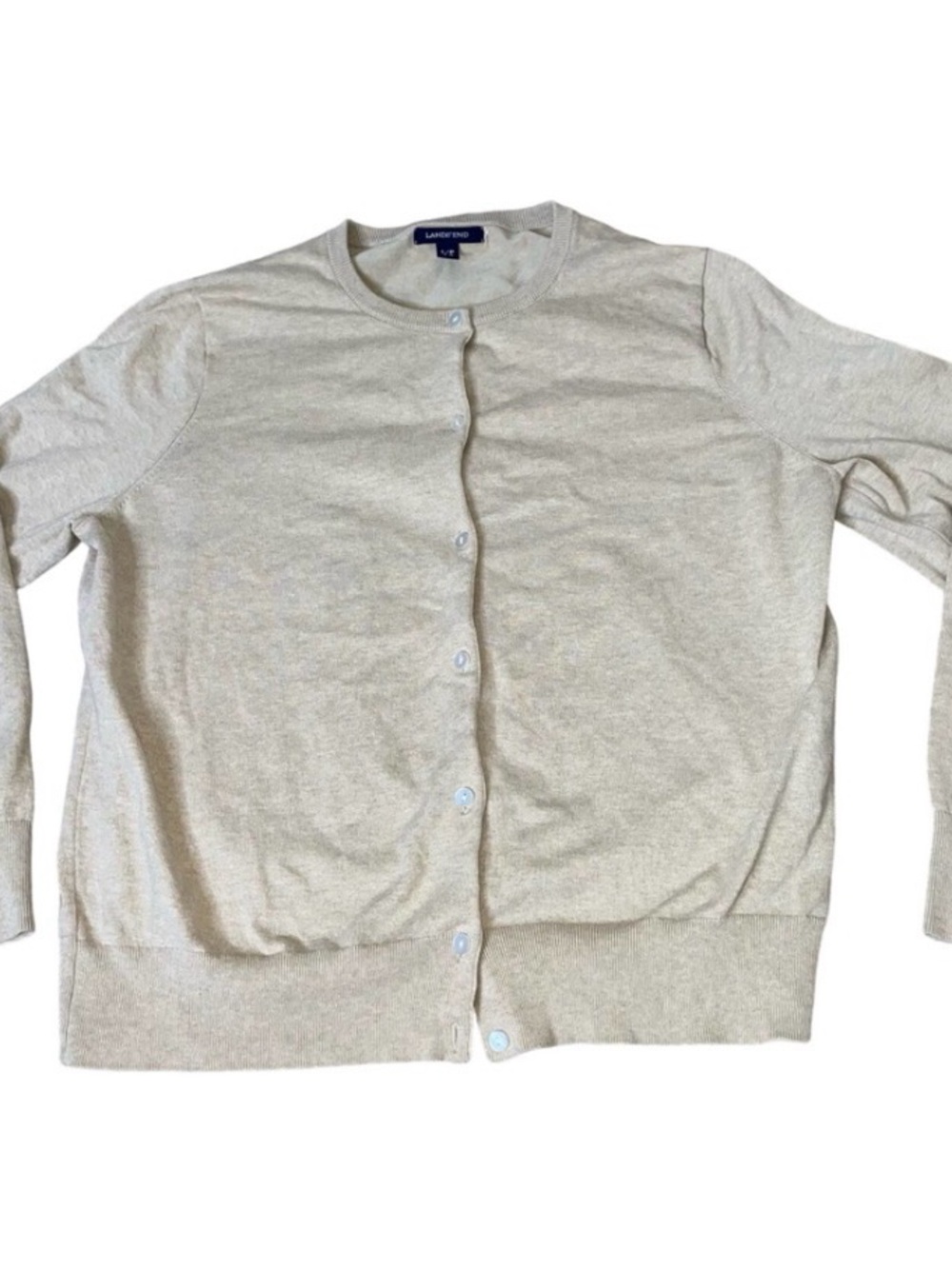 Lands' End Women's Light Cream/beige Crewneck Button Cardigan lightweight SZ L - Picture 2 of 7